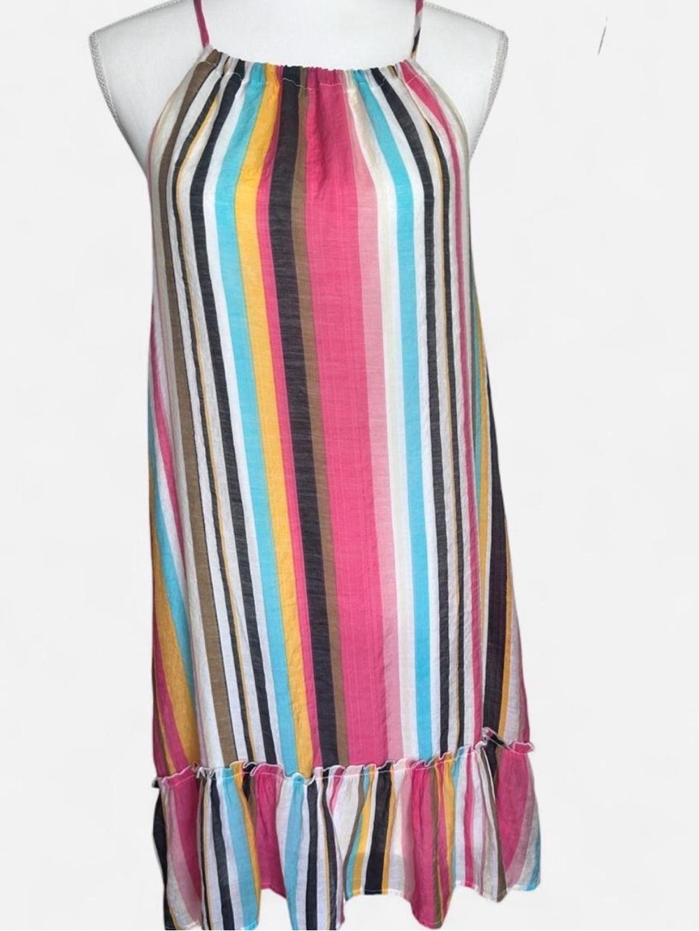 Listicle Multicolor Striped Ruffle Hem Swing Dress L Boho Coastal Vacation